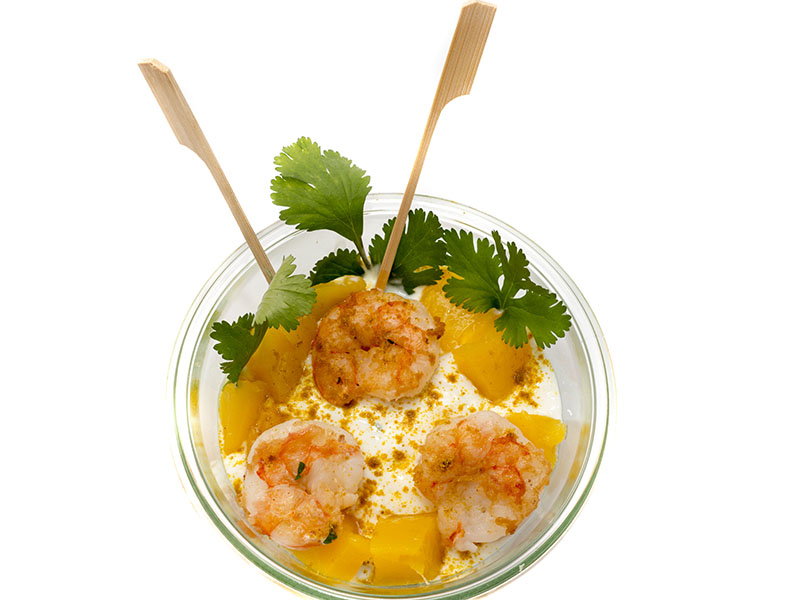 Partyfood im Glas - Riesengarnelen asiatisch mit Curry und Mango