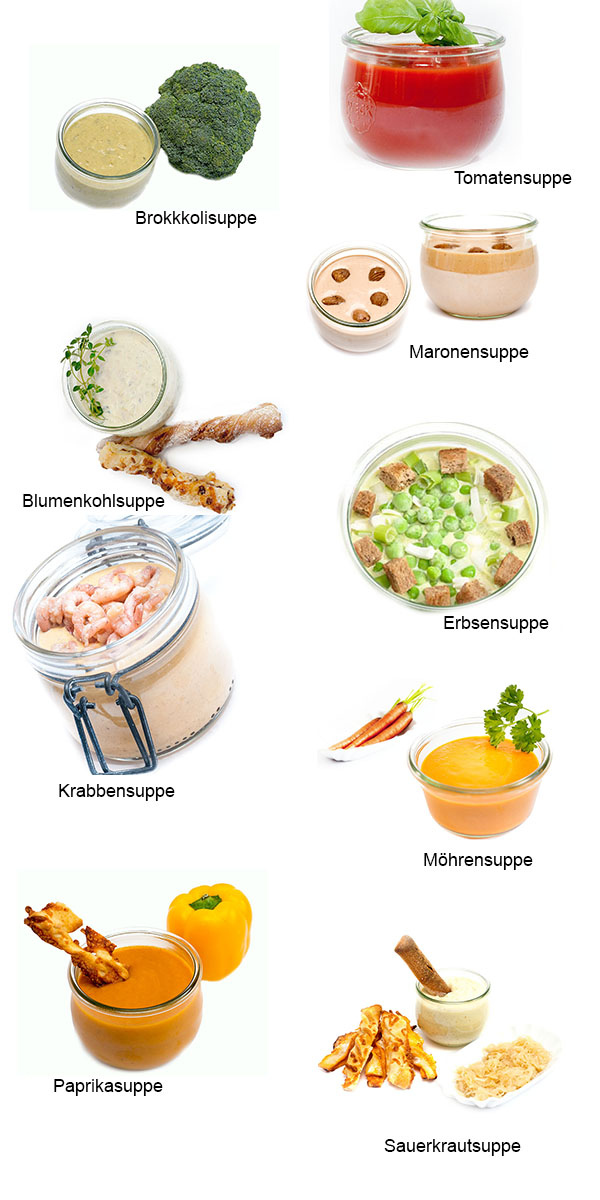 Unsere beliebten Suppenrezpte . Ideal für Glasfood und Partyfood.
