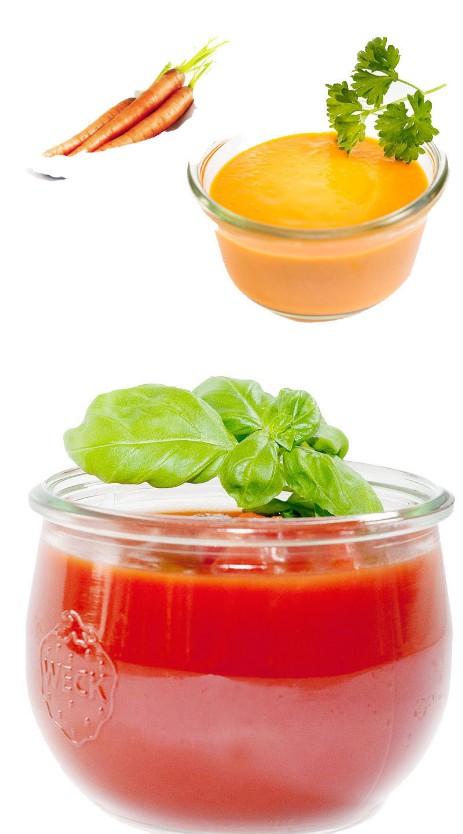 Tomatensuppe und Möhrensuppe im Glas Partysuppen im Glas